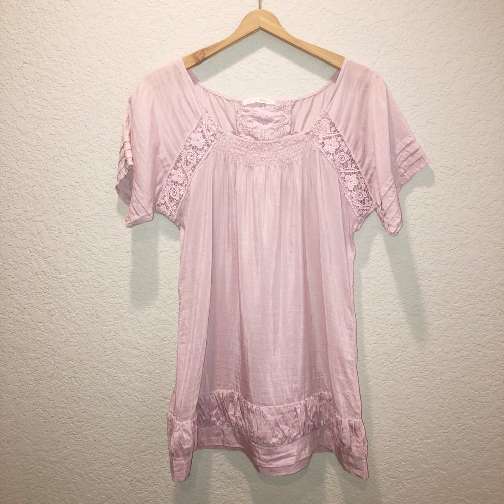 Anthropologie Trinity Crochet Ruched Boho Bohemian Tunic Pink Medium